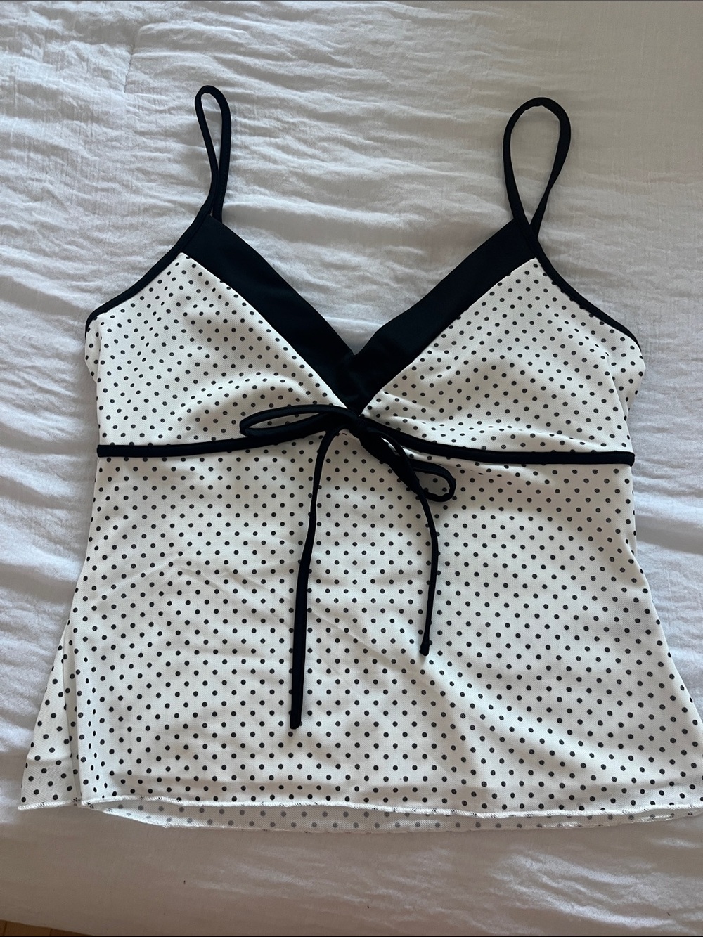 Black & White Polka Dot Spaghetti Strap Cami with Tie Front
